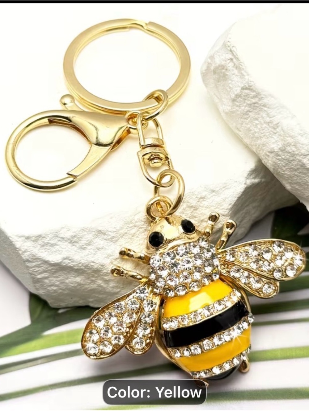 Gold-Tone Yellow Bee Crystal Keychain Key